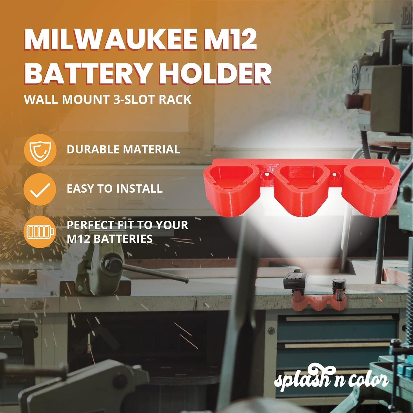 Splashncolor Milwaukee M12 Battery Holder | Wall Mount 3-Slot Rack | Battery Pack Storage Mount | Compatible with Milwaukee M12 | Safe and Secure Option Protect Your Batteries (Red)