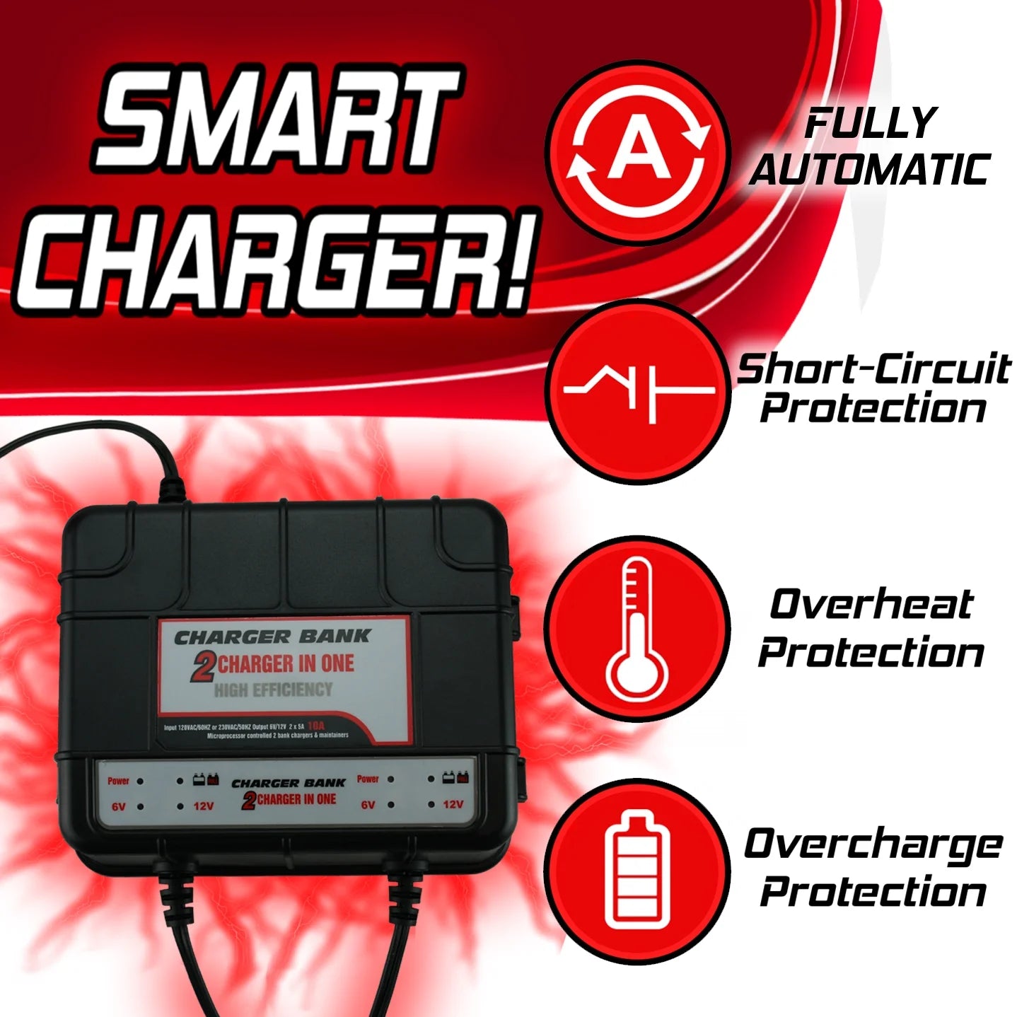 2-Bank Marine Battery Charger, 10-Amp (5-Amp per Bank) Smart Battery Trickle Charger Maintainer, 6V & 12V Onboard Battery Charger and Battery Maintainer