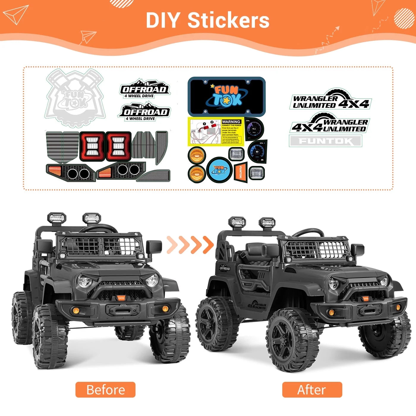 Kids 12V Electric Ride on Toy Car with Remote Control, Spring Suspension, DIY Stickers and Music Player