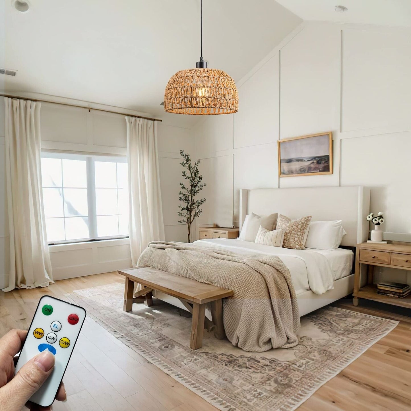 Battery Operated Pendant Light with Remote,Battery Hanging Light Rattan Woven...