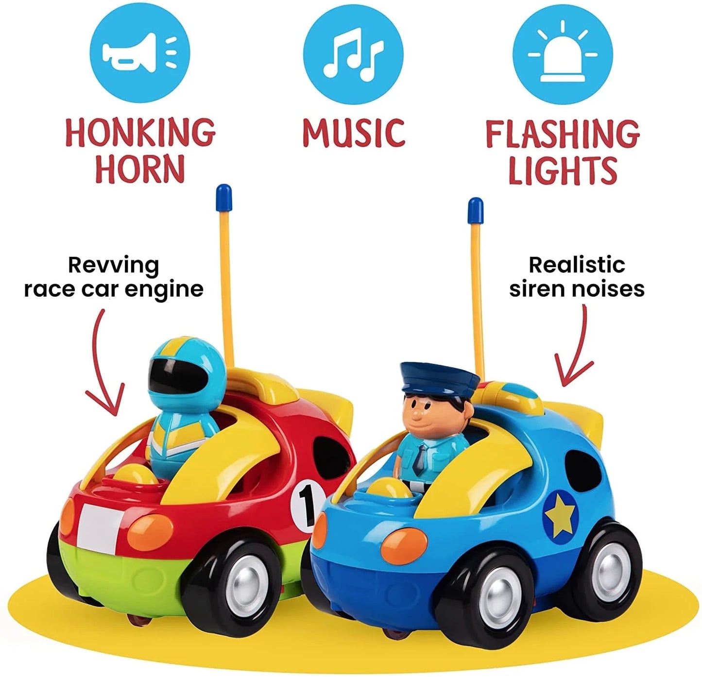 2 Pack Cartoon Remote Control Cars | Police Car and Race Car - RC Toys for Kids, Boys, & Girls - Each with Different Frequencies so Both Can Race Together - Gifts for Toddler Boys Ages 2-4