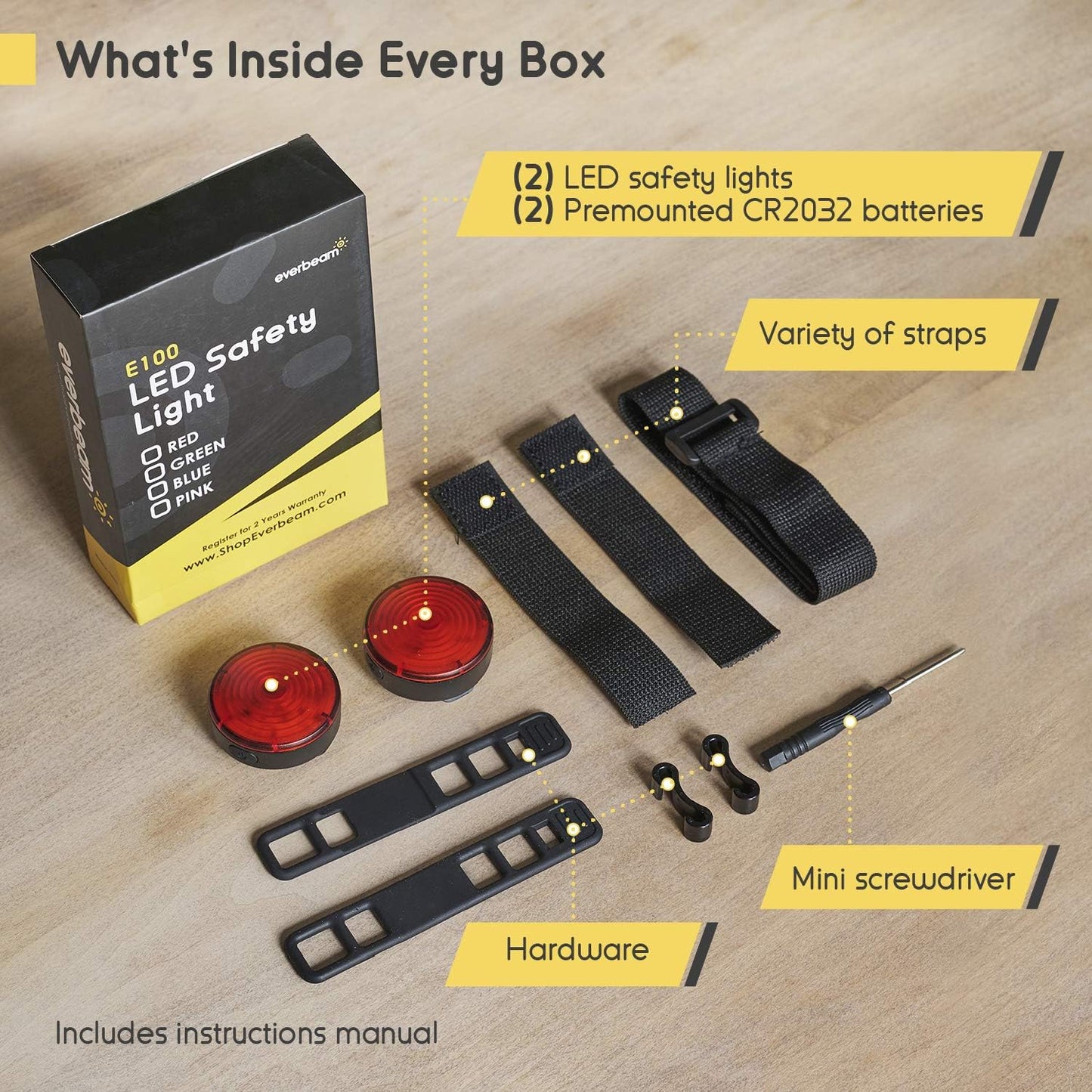 E100 LED Safety Lights for Walking at Night - Waterproof Bike LED Light Excellent for Runners, Cycling, Dog Walking, Kayaking-Bright Clip on LED Light, Many Straps for Wearing - 2 Pack, Red