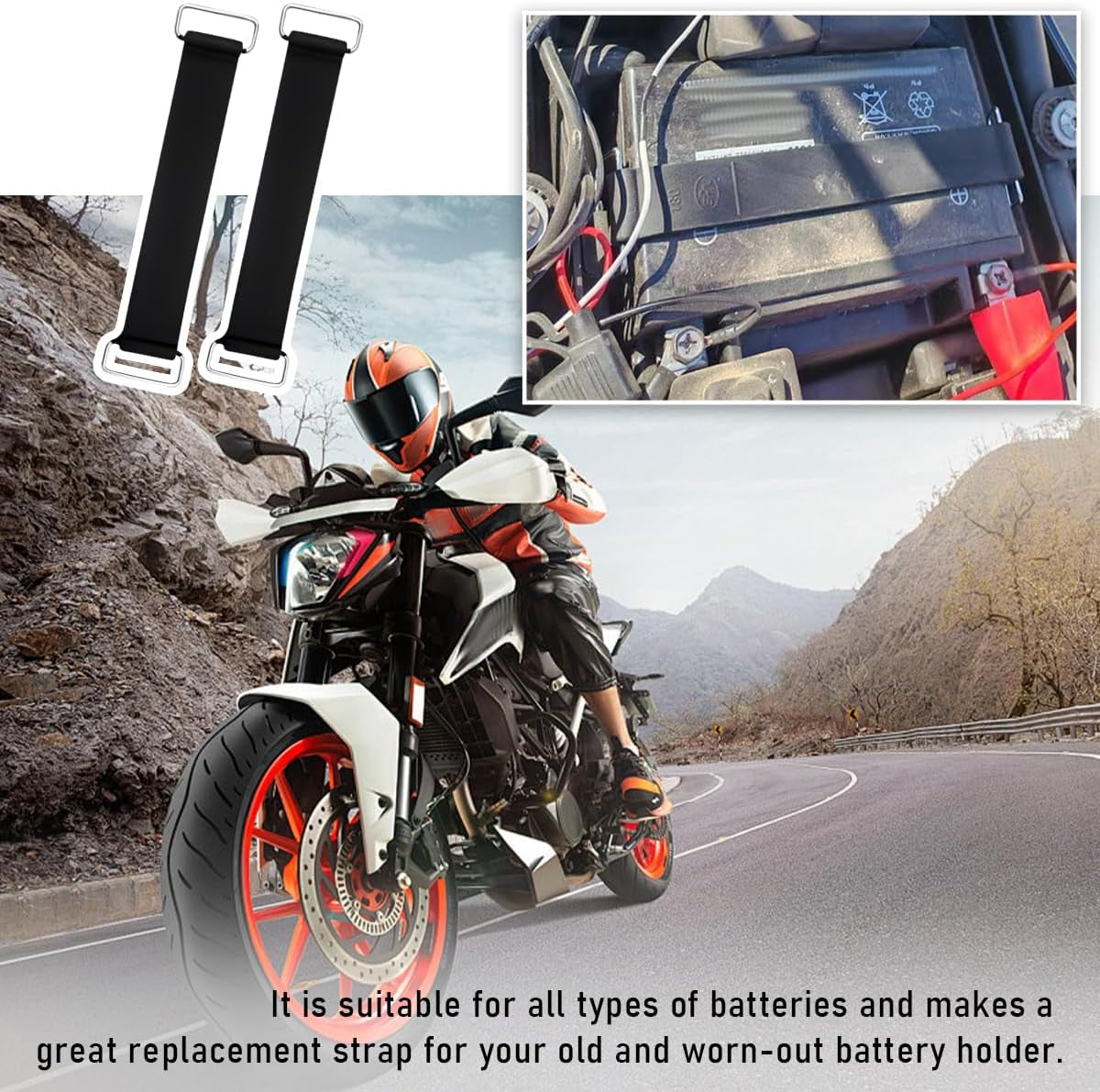 2-Piece Motorcycle Battery Strap, Stretchable Rubber Band Battery Holder Belt with Metal Buckle