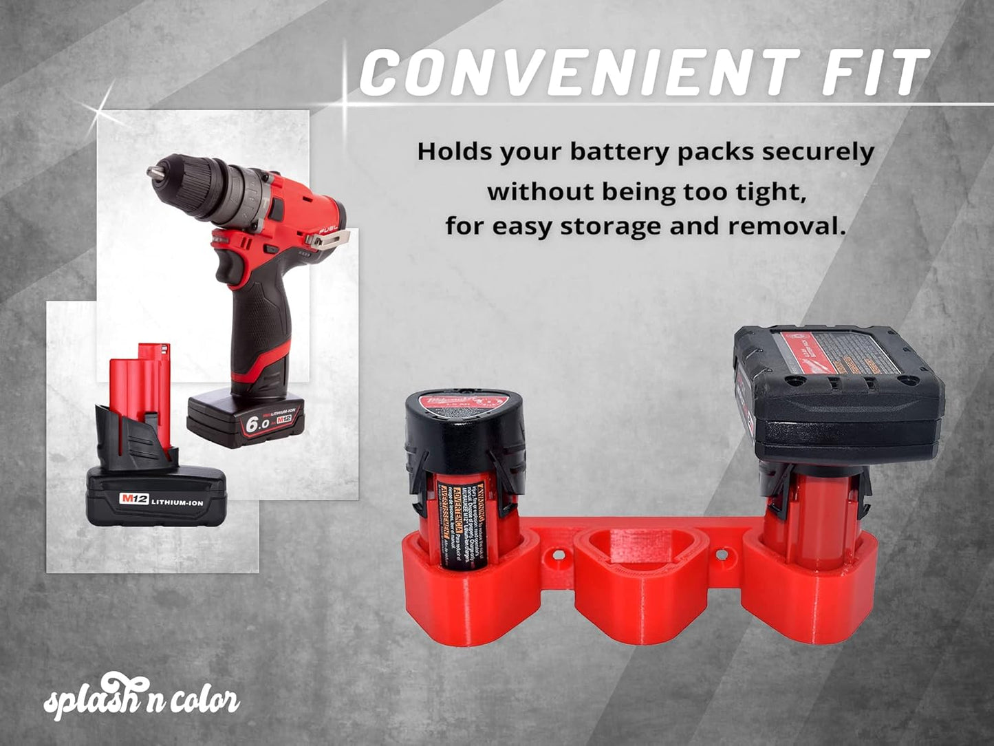 Splashncolor Milwaukee M12 Battery Holder | Wall Mount 3-Slot Rack | Battery Pack Storage Mount | Compatible with Milwaukee M12 | Safe and Secure Option Protect Your Batteries (Red)