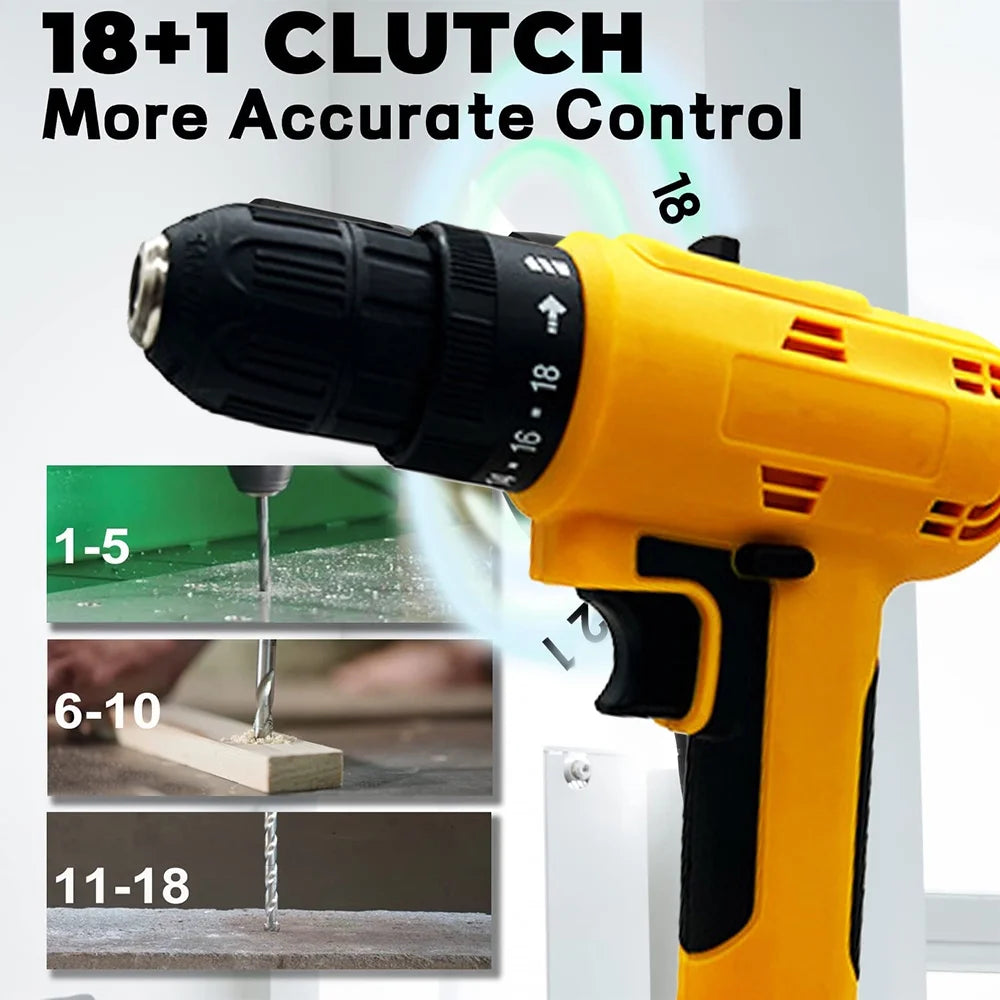20V Cordless Drill, 18 Position Clutch Drill with 22 Pieces Drill Set, 3/8In Keyless Chuck Power Drill with 2 Batteries and Charger, Yellow Driller Set