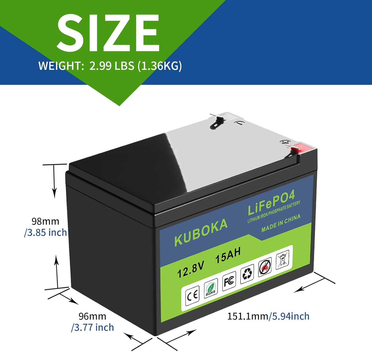 12 Volt Lithium Battery - Lifepo4 Battery | 12V 15Ah Lithium-Ion Rechargeable Battery Deep Cycle Replace SLA Lead Acid Battery | Built-In BMS | Perfect for RV, Solar, Off-Grid Applications