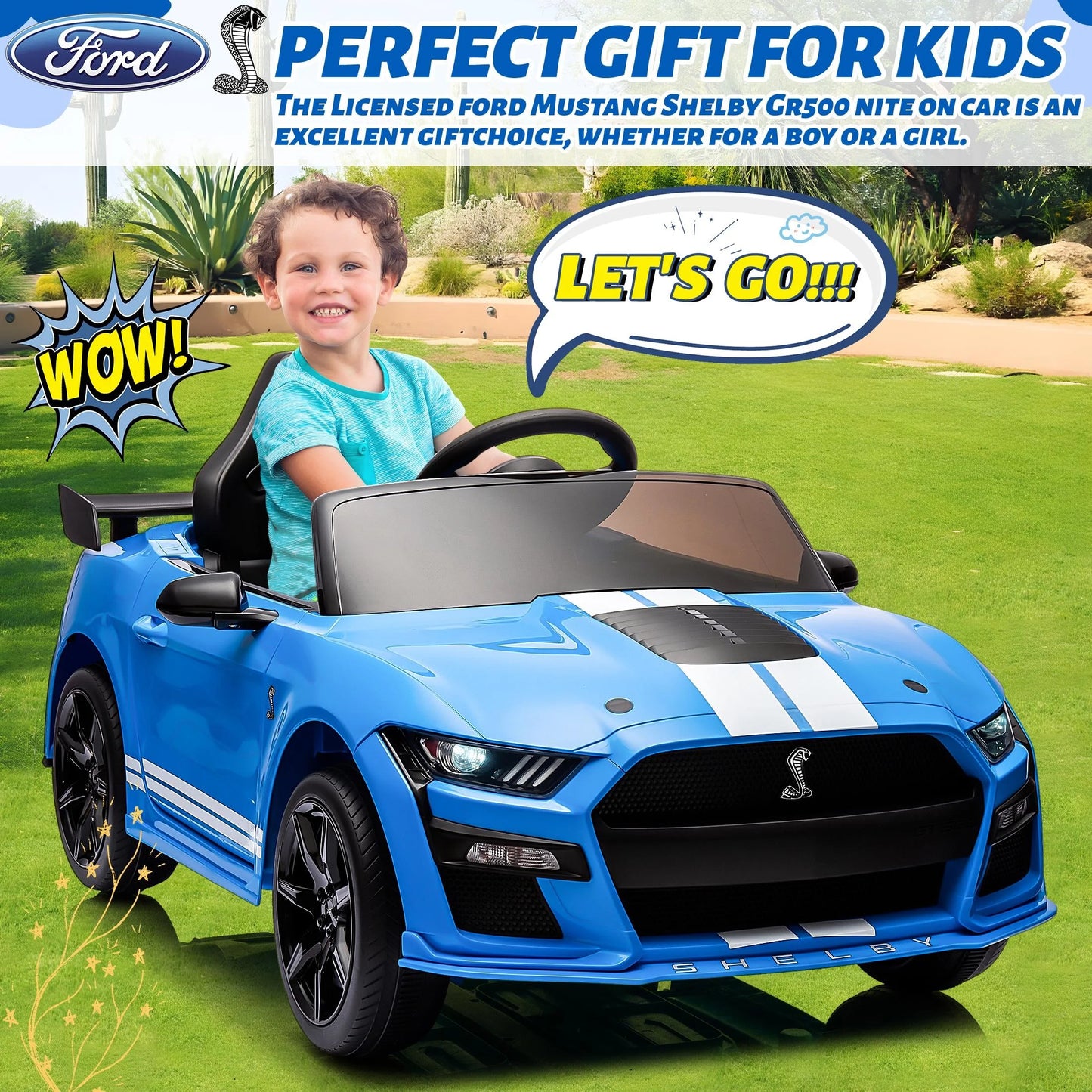 12V Ride on Toy Cars for Kids, Ford Mustang Shelby Powered Ride on Car with Remote Control, Kids Electric Cars for Boys Girls 3-6 with Bluetooth, Music, LED Lights, 3 Speeds, 4 Wheelers, Blue