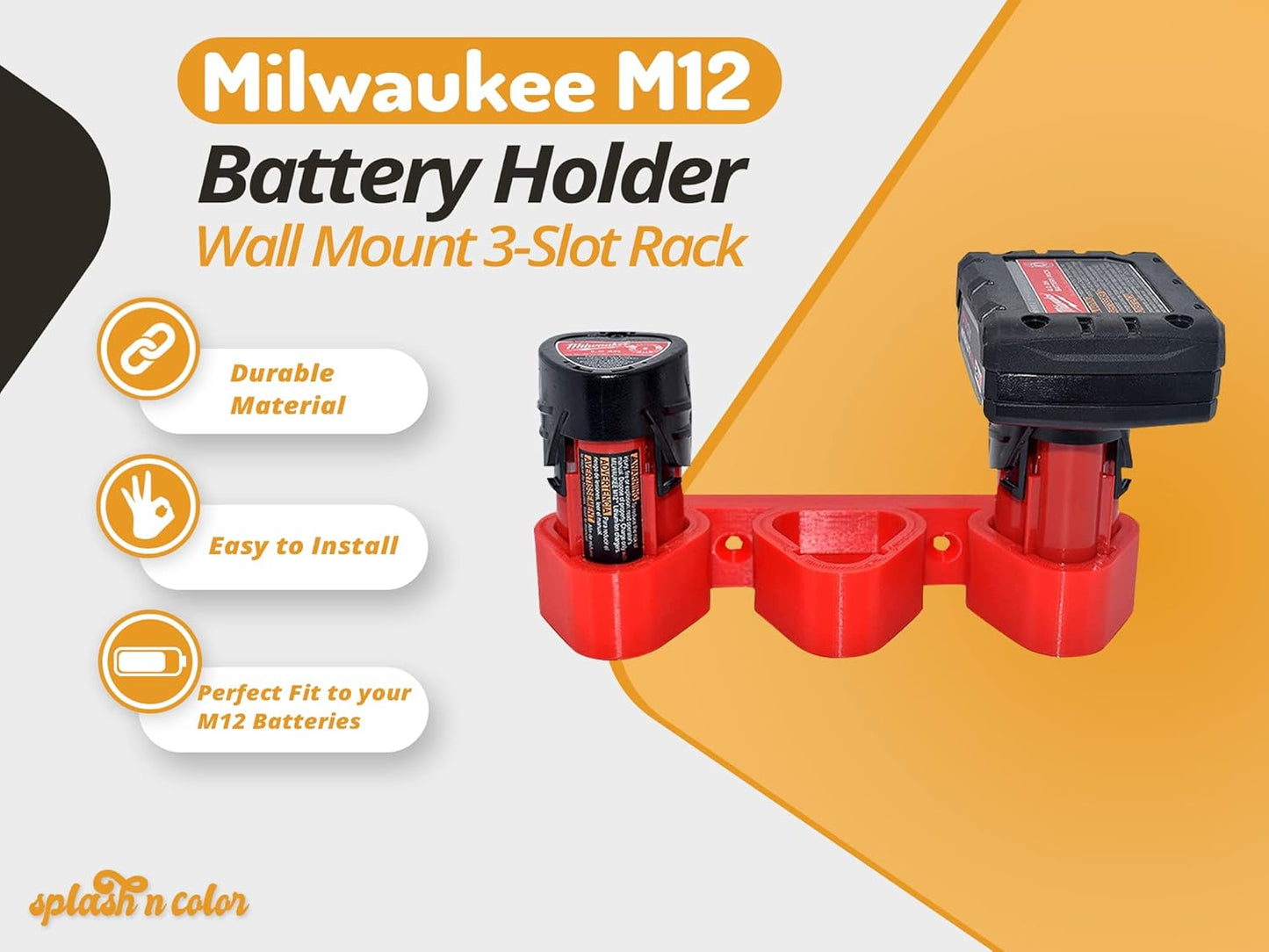 Splashncolor Milwaukee M12 Battery Holder | Wall Mount 3-Slot Rack | Battery Pack Storage Mount | Compatible with Milwaukee M12 | Safe and Secure Option Protect Your Batteries (Red)