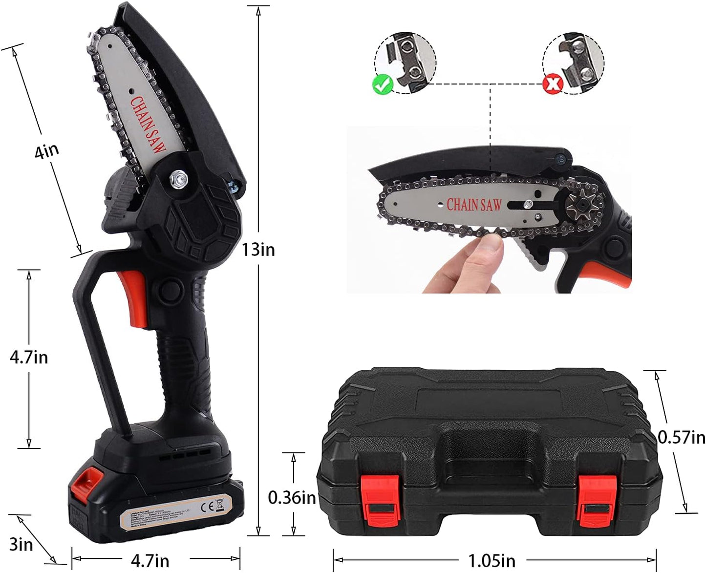 Mini Chainsaw Cordless 4-Inch Battery Chainsaw Hand Held Rechargeablechain Saw with 2 Batteries 3 Chain Electric Pole Saws for Tree Trimming Chain for Wood Cutting/Garden/Gardening Tools (Black)