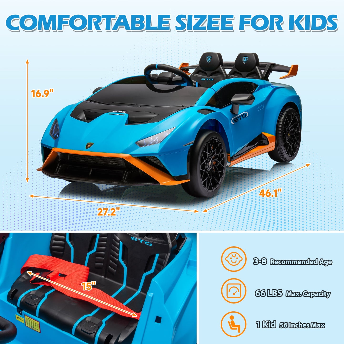 24 Volt Powered Ride on Car, Lamborghini Huracan Sto Ride on Toy with Remote Control, Kids Car Electric Vehicles with Bluetooth Music, LED Light, USB Port, Drift Feature, 360° Spins, Blue