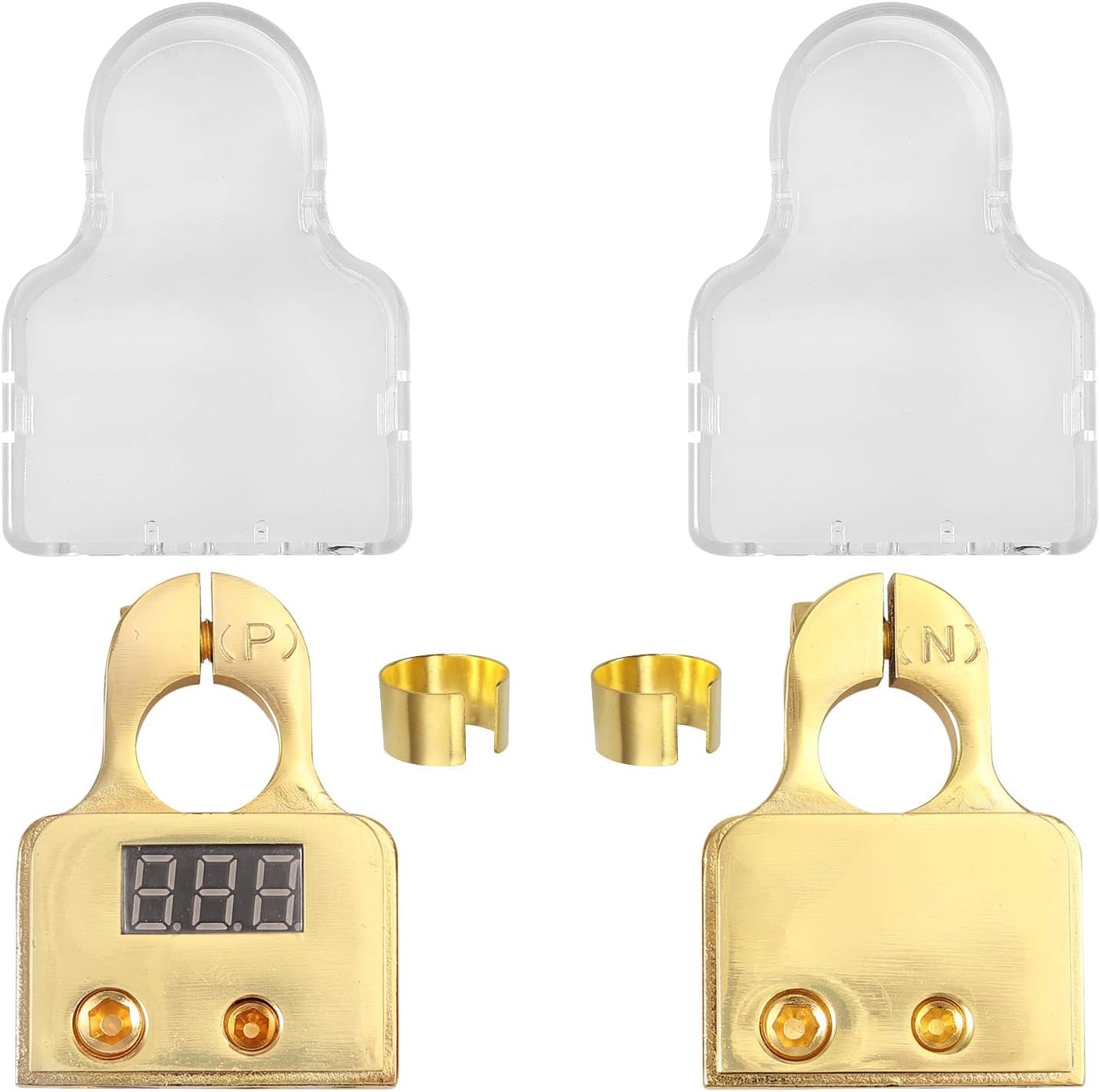 Car Battery Terminal Connectors with Voltmeter Golden 0/4/8/10 Gauge AWG Positive Negative Battery Shim Battery Post Clamp Cable Ends for Car Auto Caravan Marine Boat Camper Trailer(Pair)