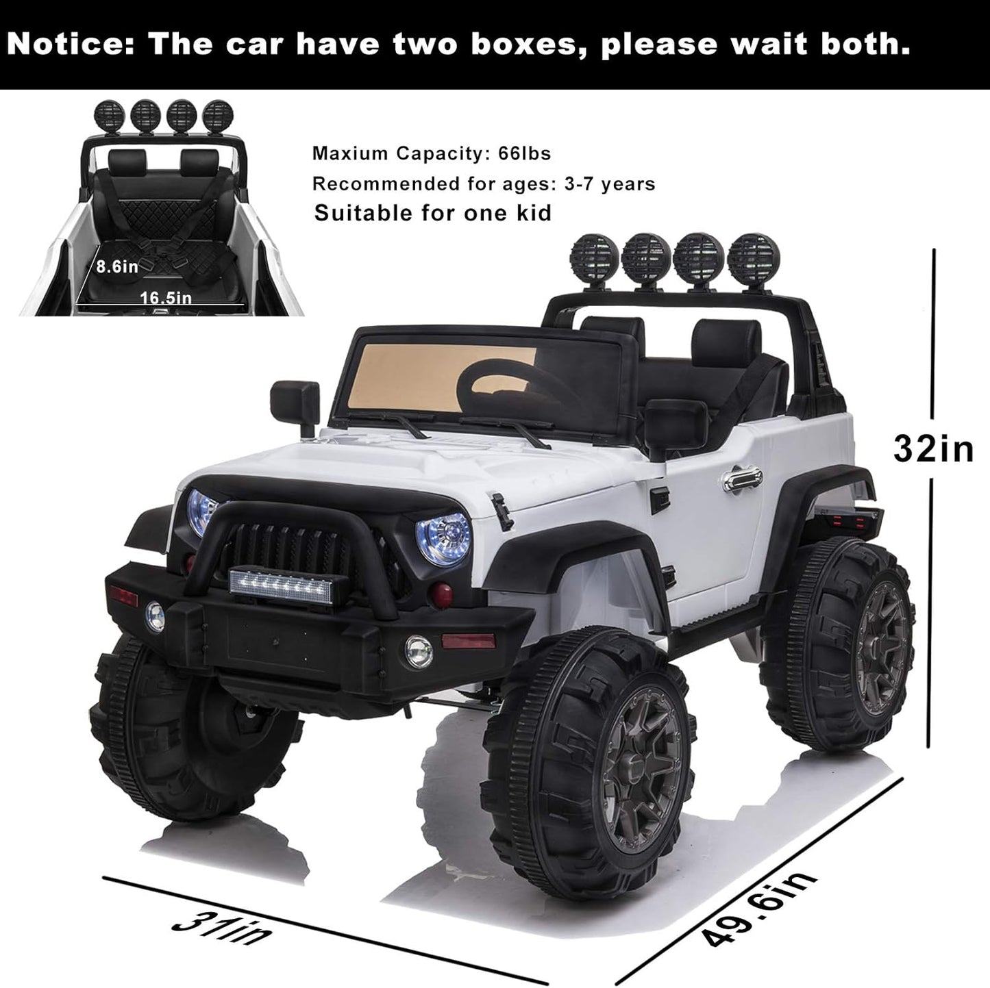 Kids Electric Car Ride on Cars Trucks, Battery Powered Car,12V Motorized Vehicles W/Parental Remote Control, LED Lights, MP3 Player,Safety Belt,Spring Suspension(White)