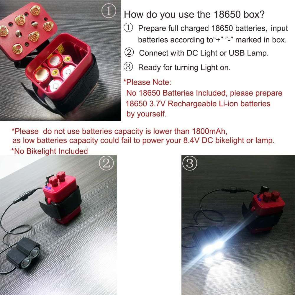 Bike Light Batteries Pack Case, Waterproof Case for 6 X 18650, 8.4V Rechargeable Cycling Safety Battery Pack Case House Cover with DC and USB Interface for Cycling Bike Light Headlamp(Red)