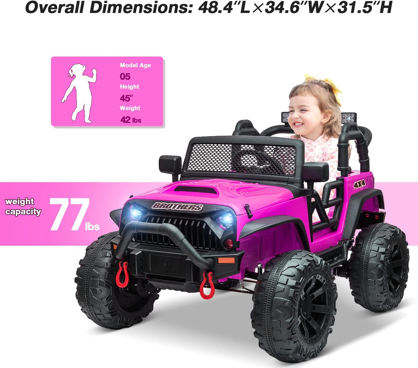 12V Kids Ride on Truck Toys with Remote Control Electric Vehicles with 3 Speeds for Boys Girls in Rose Red