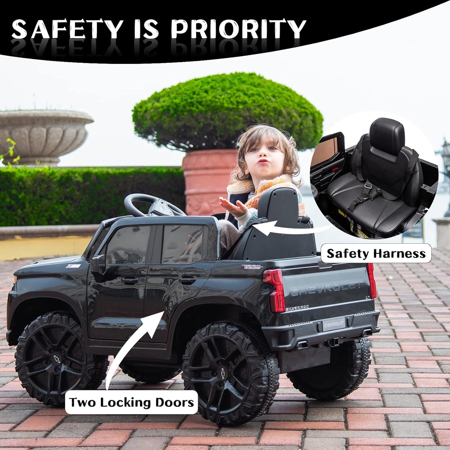 12V Electric Car for Kids,Licensed Chevy Silverado Truck Kids Ride on Car with Remote Control Battery Powered Electric Vehicle Toy Car, 4-Wheeler Suspension, Music& Lights, 3 Speeds(Black)
