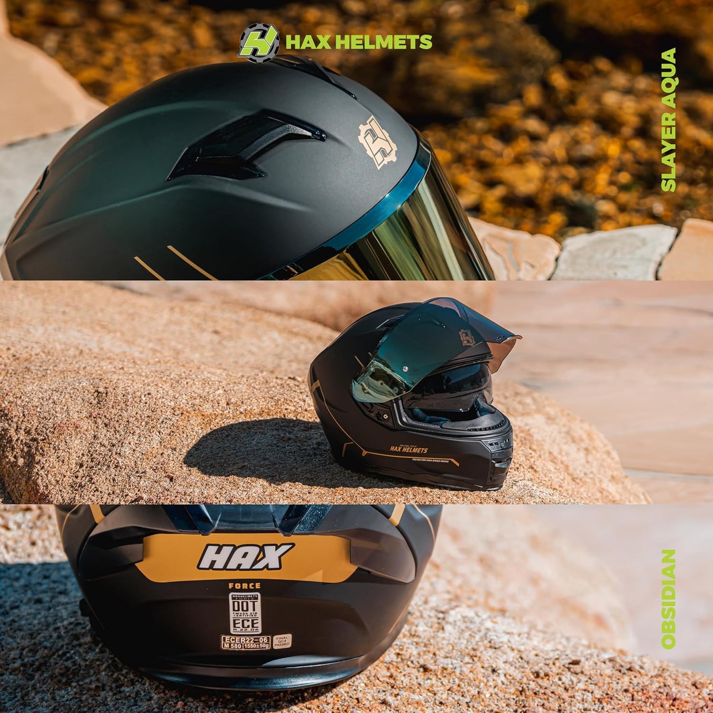 Force Aerodynamic Full Face Helmet for Street & E-Bikes DOT & ECE Certified - Enhanced Dual Visor, Adult Size, Pinlock Ready Matte Black Gold L