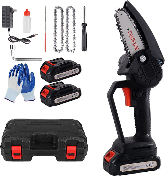 Mini Chainsaw Cordless 4-Inch Battery Chainsaw Hand Held Rechargeablechain Saw with 2 Batteries 3 Chain Electric Pole Saws for Tree Trimming Chain for Wood Cutting/Garden/Gardening Tools (Black)