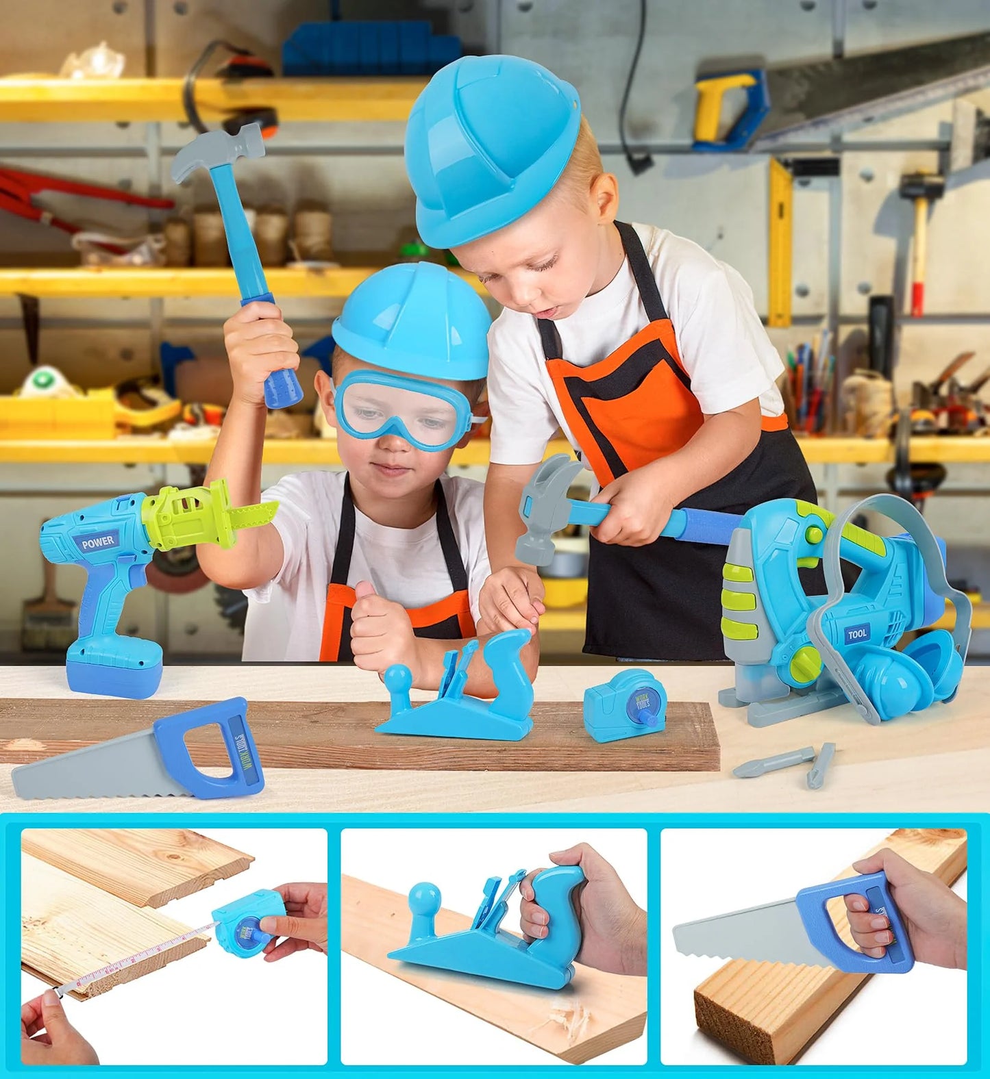 ENP Kids Tool Set, Electric Drill Chainsaw Tools Kit for Toddler, Tool Playset Kit for Boys Girls 3 4 5 6, Gift for Kids 3+, Blue