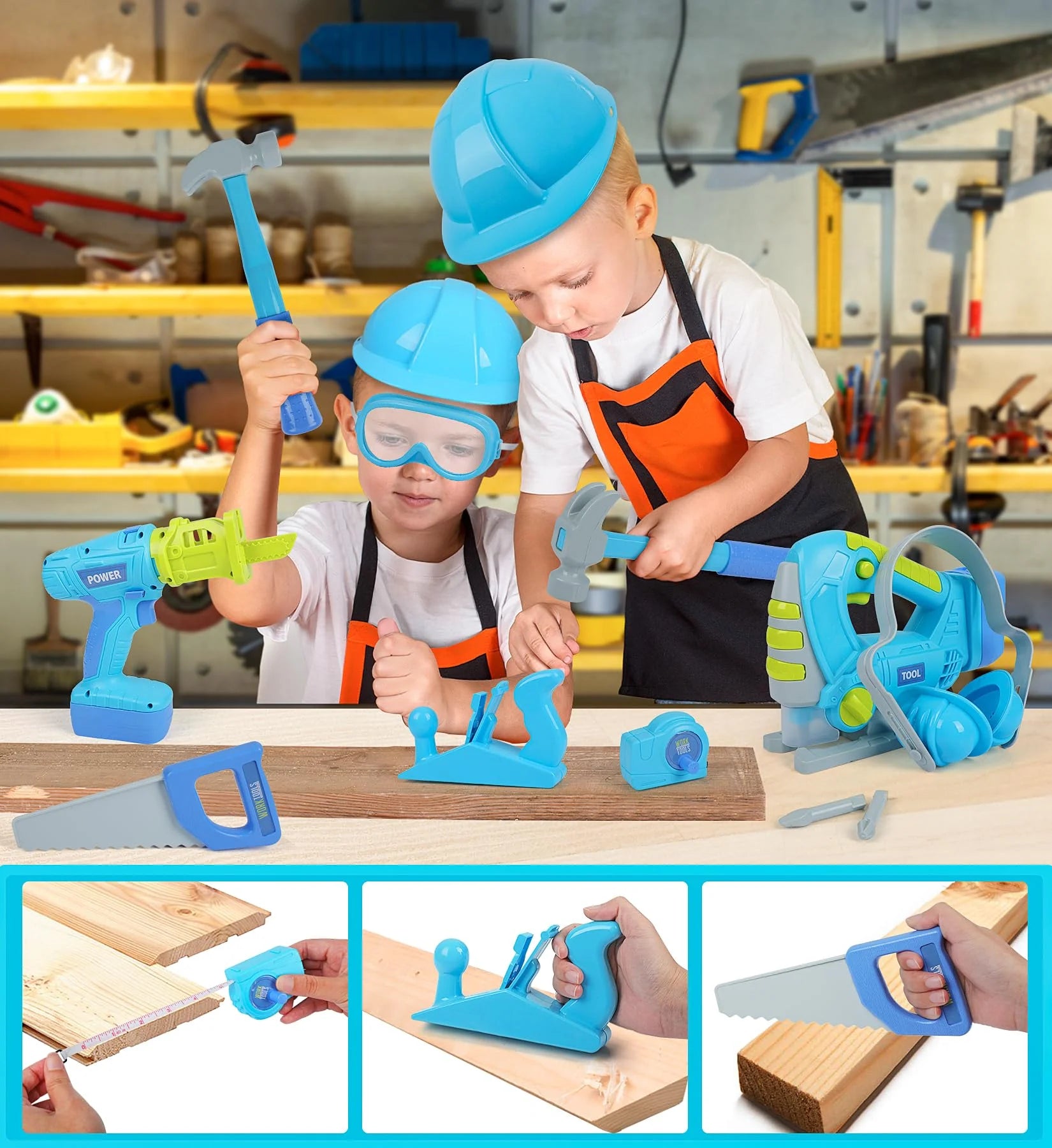 ENP Kids Tool Set, Electric Drill Chainsaw Tools Kit for Toddler, Tool Playset Kit for Boys Girls 3 4 5 6, Gift for Kids 3+, Blue