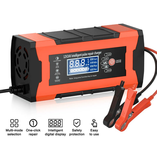 10-Amp Car Battery Charger, 12V 24V Automatic Smart Battery Maintainer Trickle Charger, Battery Charger Battery Desulfator with Temp Compensation for Car Truck Motorcycle Lawn Mower Lead Acid Battery