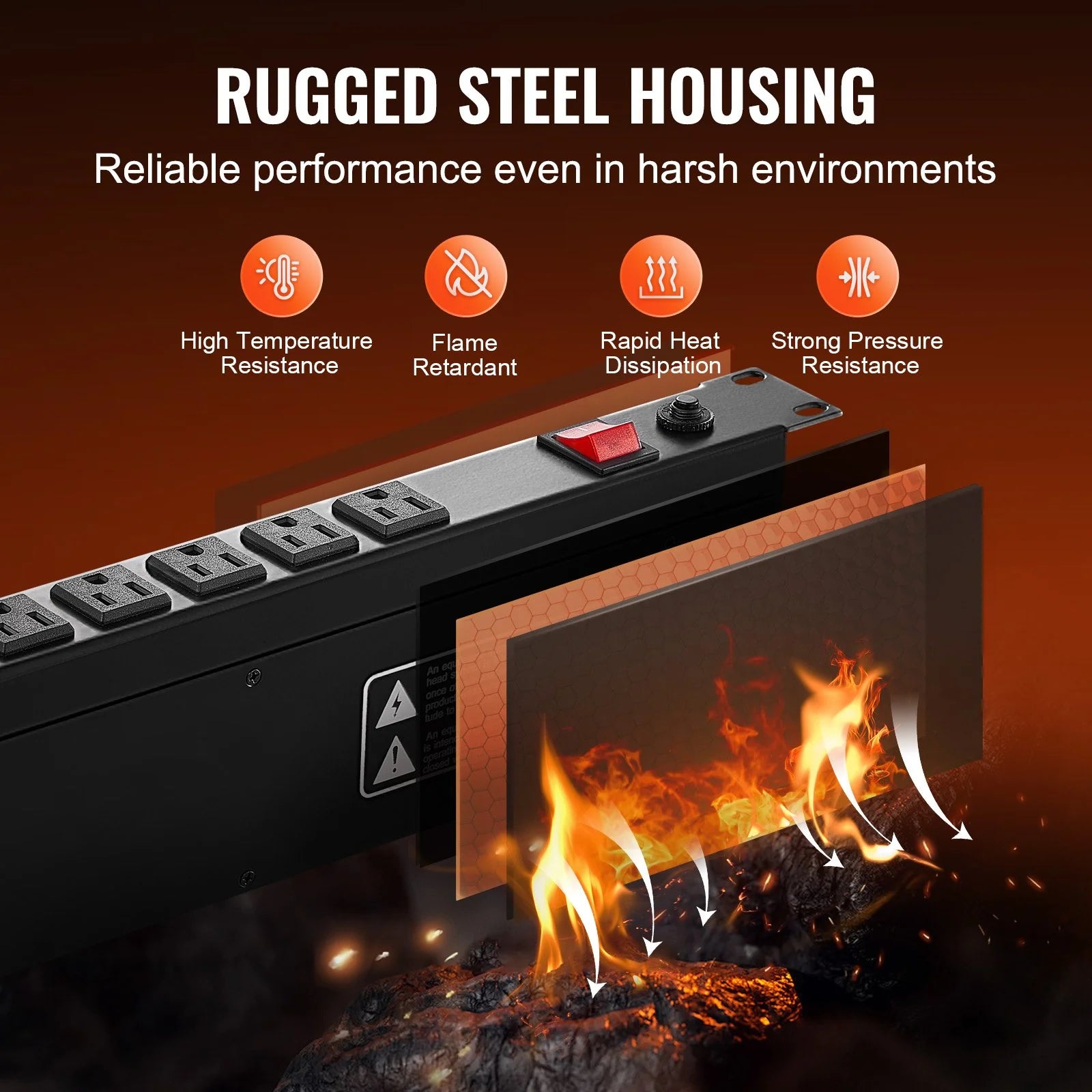 VEVOR 19 1U PDU 12 Outlets Rack Mount Power Strip Surge Overload Protection