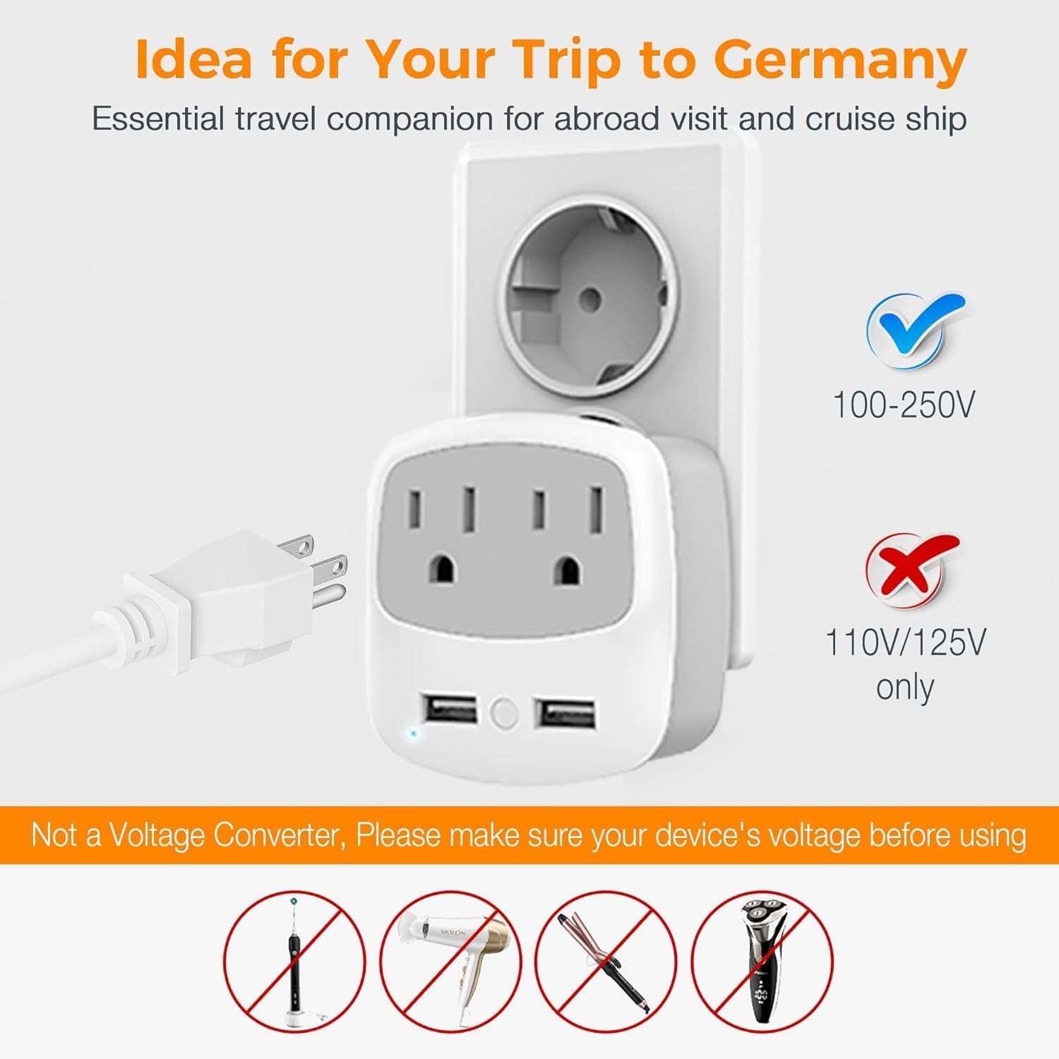 Germany France Power Adapter, Schuko Type E/F Plug Adaptor with 2 USB Ports 2 AC Outlets, US to Europe German Frence Spain Iceland Russia Greece Korea Electrical Charger(2 Pack)