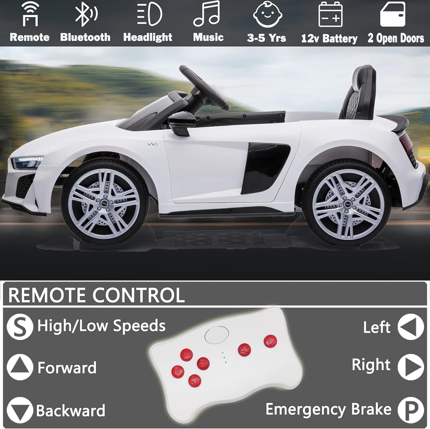 Electric Ride on Car for Kids with Remote Control Compatible with Audi Ride on Sport Car Kids Electric Vehicles 12V Ride on Toys Car for Toddlers Boys Girls (White)