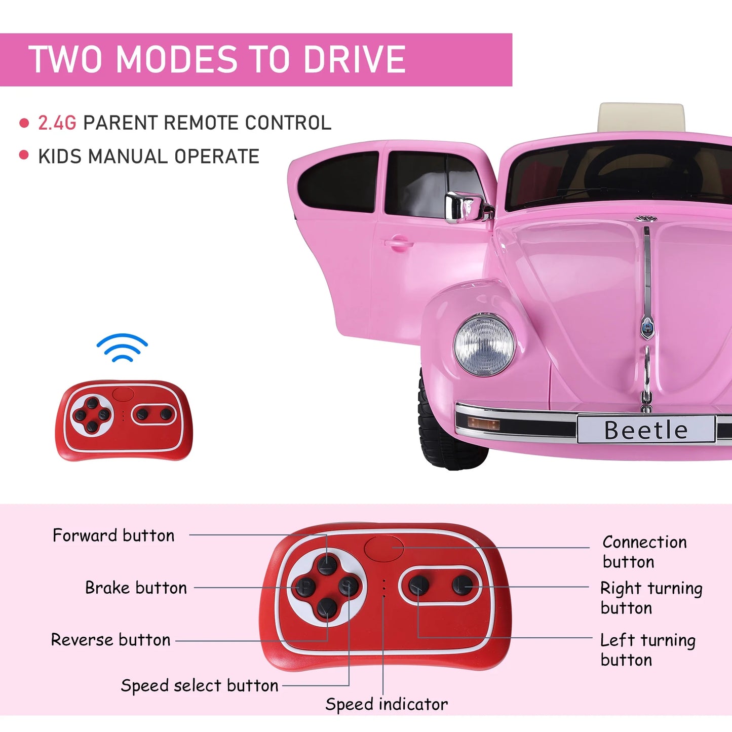 Licensed Volkswagen Beetle Electric Kids Ride-On Car 6V Battery Powered Toy with Remote Control Music Horn Lights MP3 for 3-6 Years Old Pink