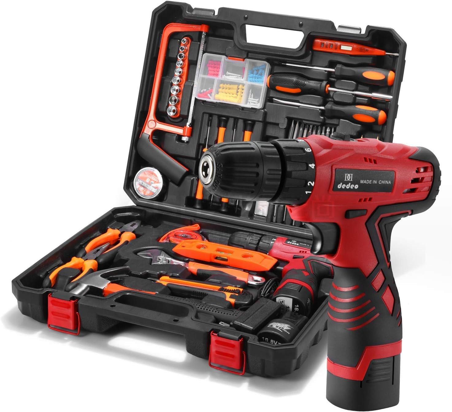 Dedeo 16.8V Cordless Drill and Home Tool Kit, 108Pcs Household Power Tools Set with DIY Hand Tool, 0-1500RMP Variable Speed, 2PCS Li-Ion Batteries & Charger, Built-In LED Light for Home Maintenance