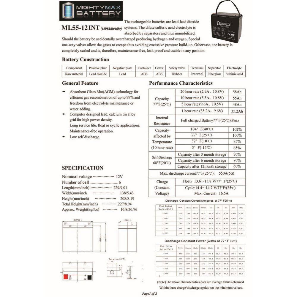 12V 55AH INT Replacement Battery for Scooters and Electric Wheelchairs-2 Pack