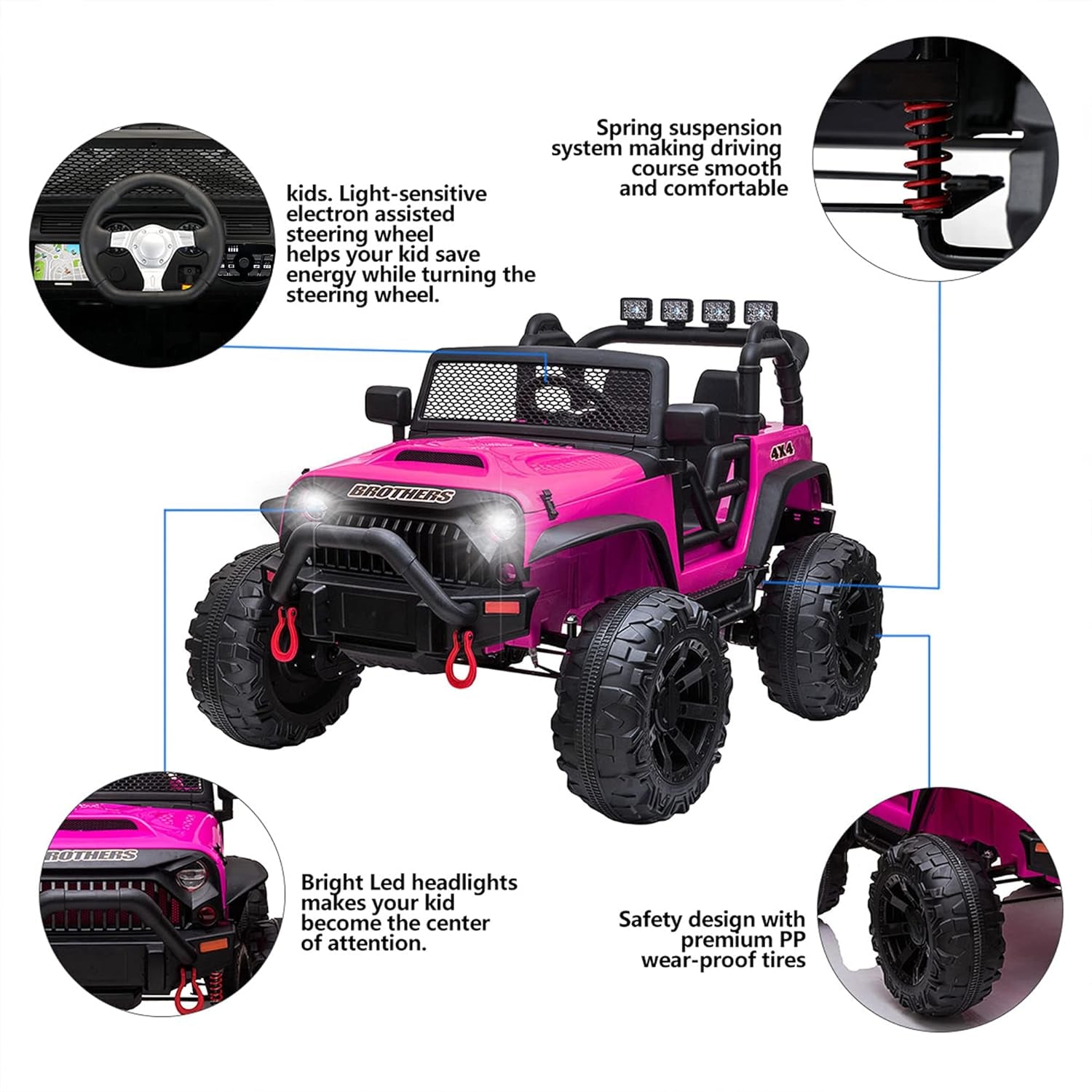 12V Kids Ride on Truck Toys with Remote Control Electric Vehicles with 3 Speeds for Boys Girls in Rose Red