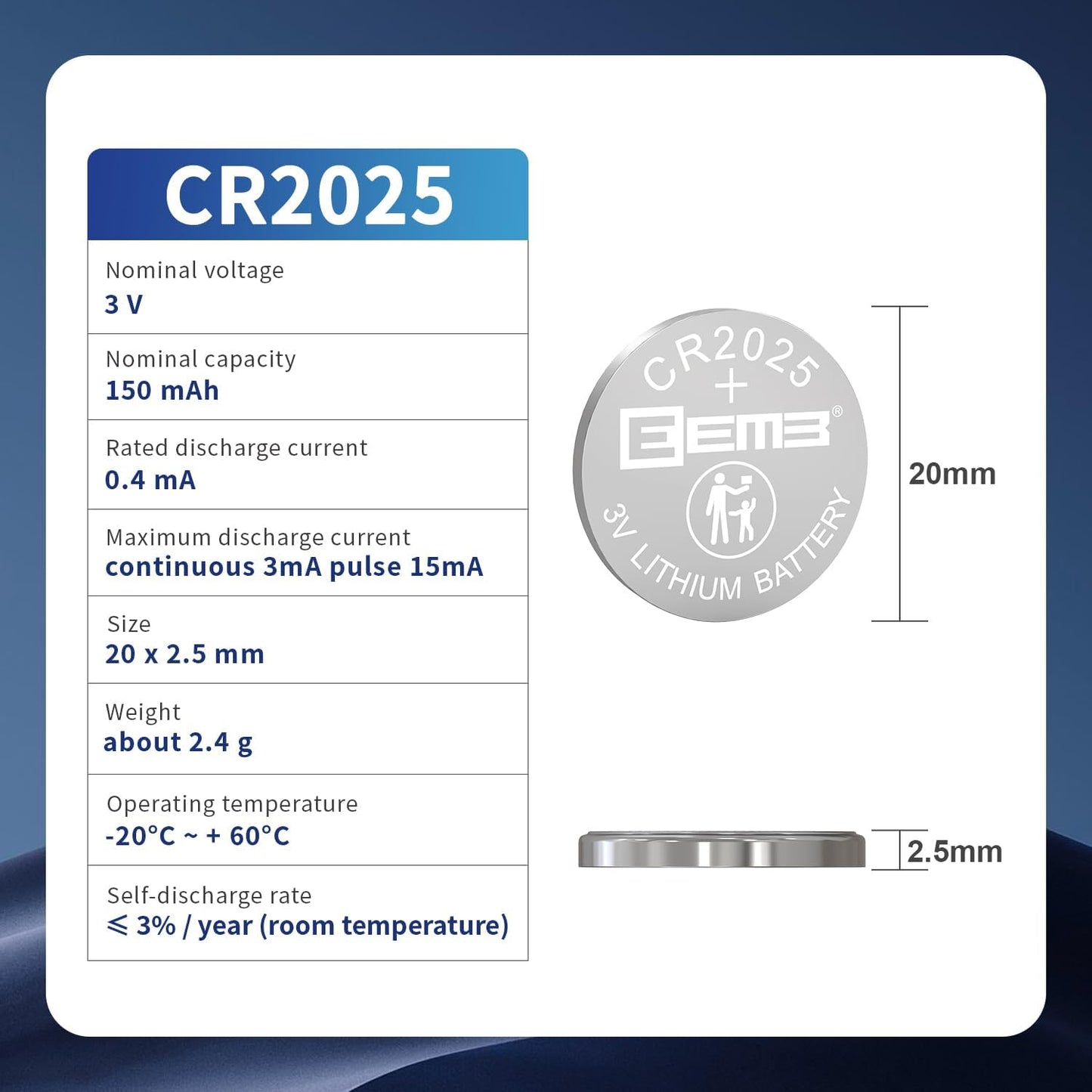 20 Pack CR2025 Battery 3V Lithium Button Coin Cell Batteries 2025 Battery for Key Fobs, Calculators, Coin Counters, Watches, Heart Rate Monitors, Glucose Monitors and More