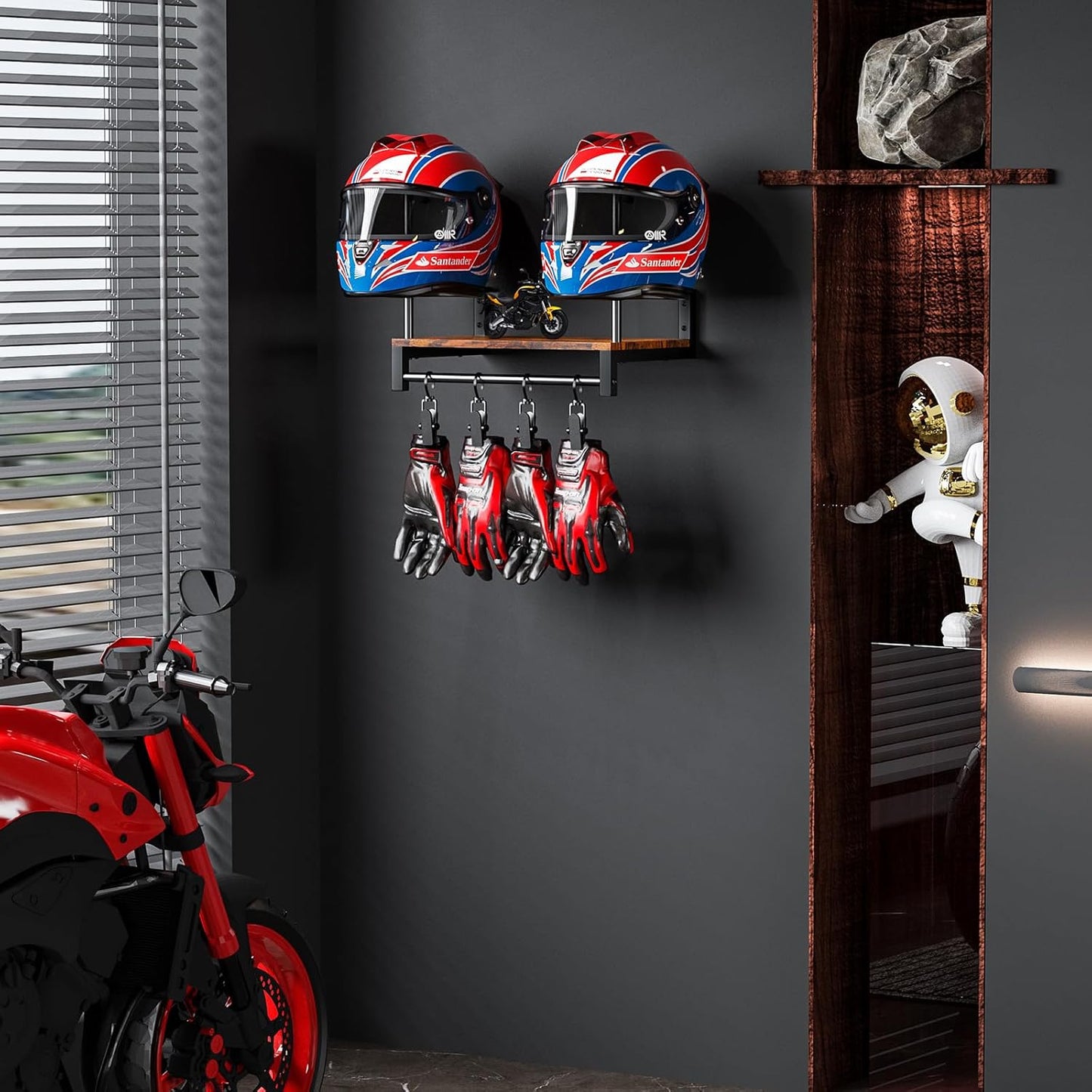 Motorcycle Helmet Holder Wall Mount, Motorcycle Accessories Display, Helmet Rack with 4 Glove Chips, Motorcycle Gear Storage for Men Women(Patent USD1104533S1)