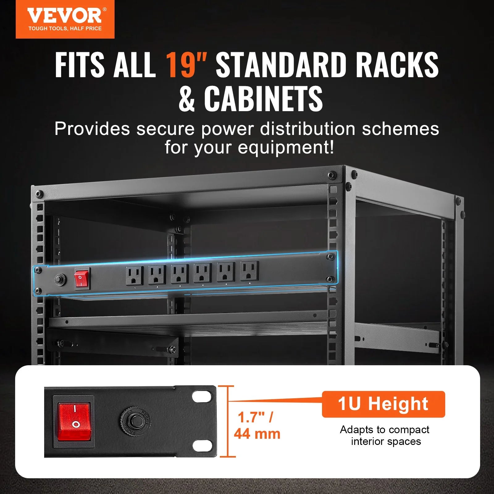 VEVOR 19 1U PDU 12 Outlets Rack Mount Power Strip Surge Overload Protection