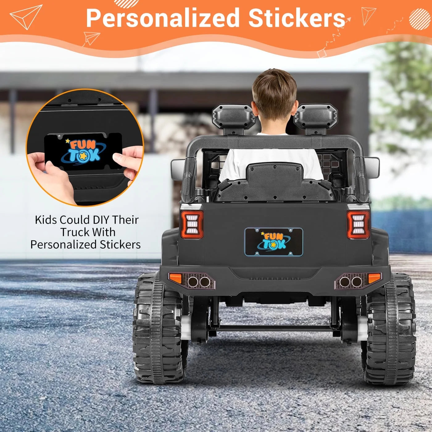 Kids 12V Electric Ride on Toy Car with Remote Control, Spring Suspension, DIY Stickers and Music Player