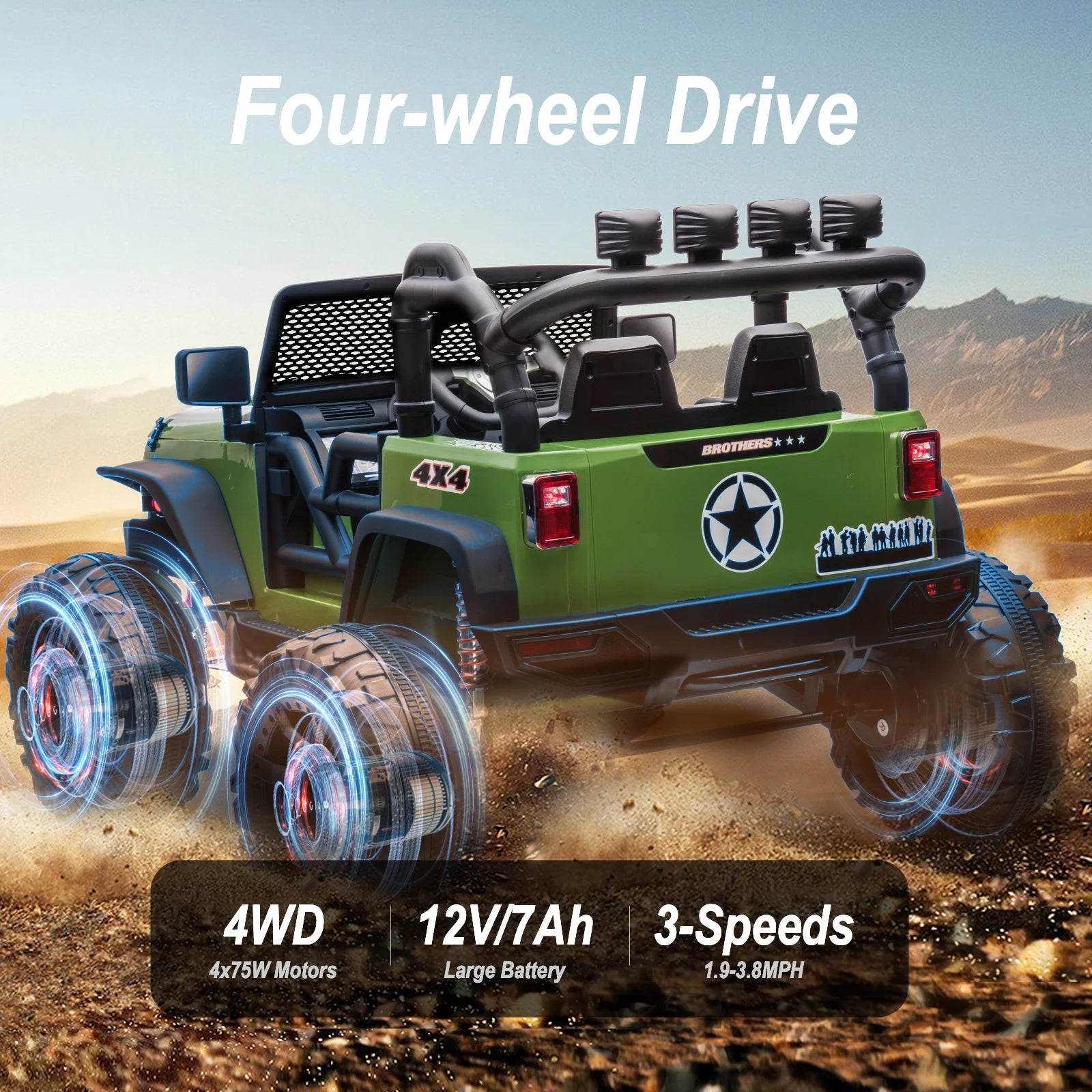 12V 4WD Ride on Toy, 2-Seater Kids Ride-On Truck Electric Car with Remote, Bluetooth - Army Green