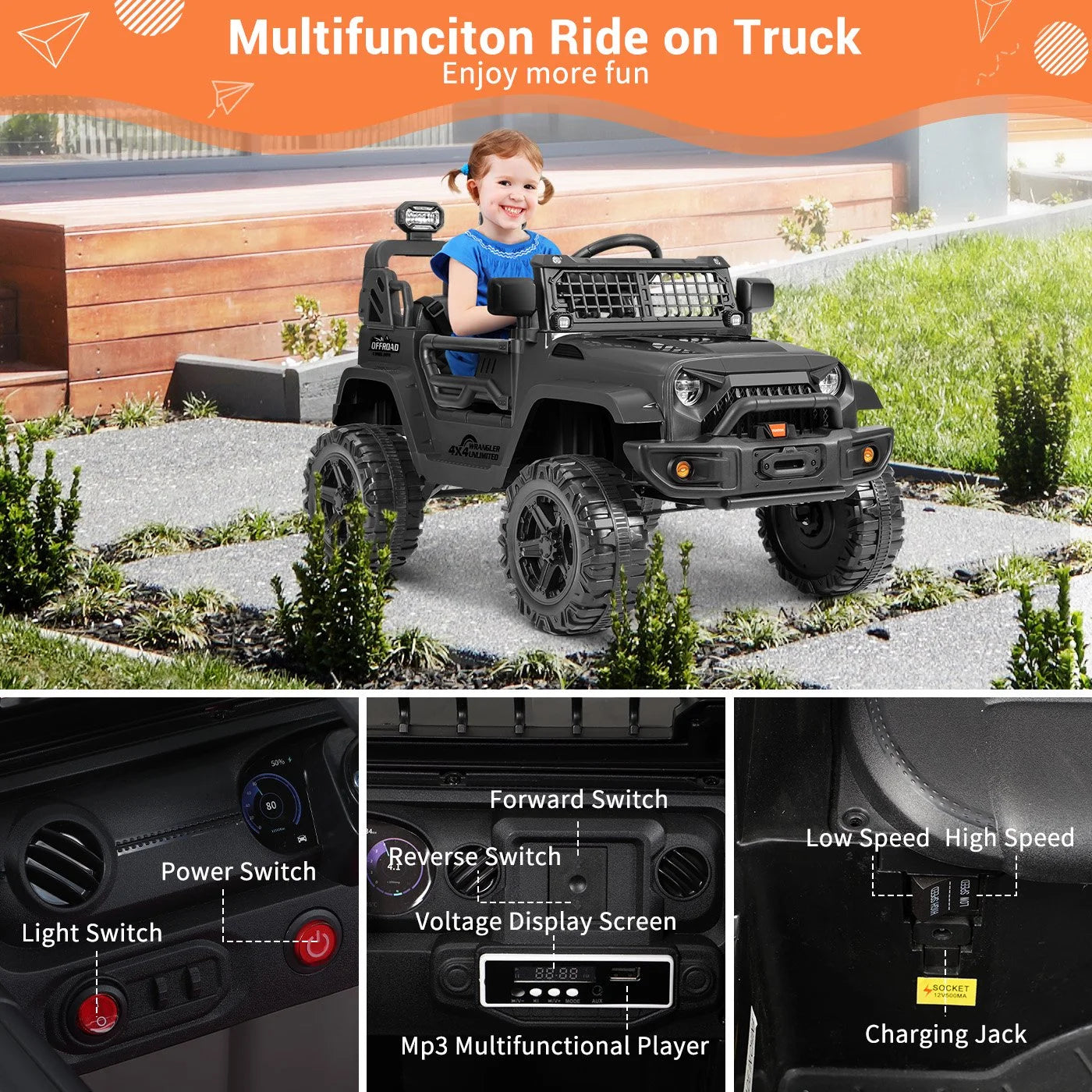 Kids 12V Electric Ride on Toy Car with Remote Control, Spring Suspension, DIY Stickers and Music Player