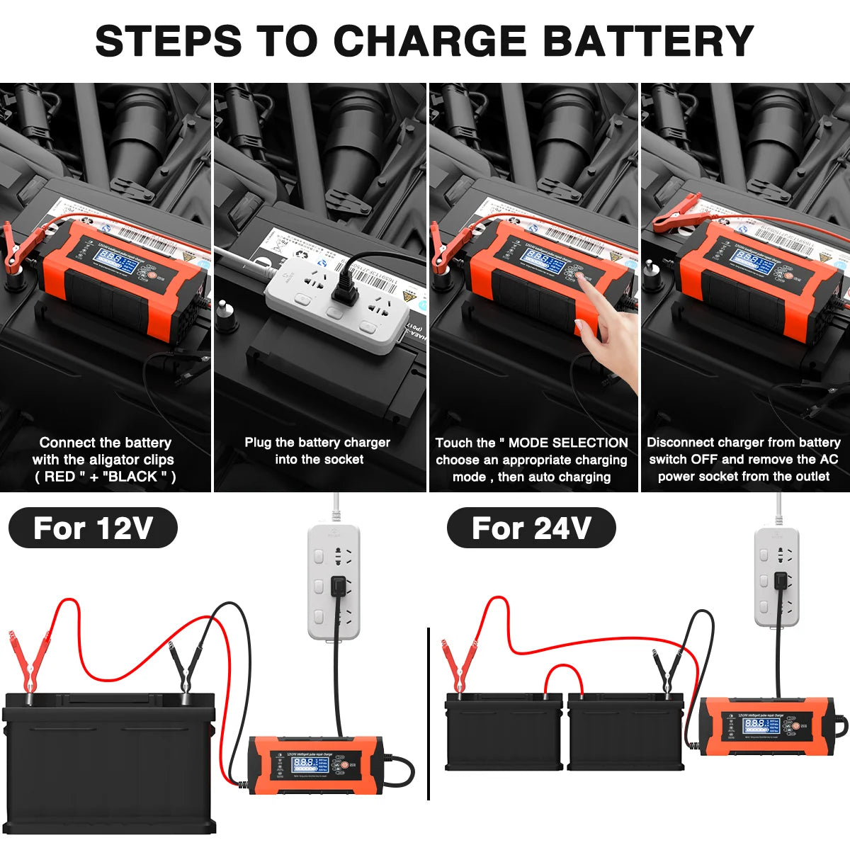 10-Amp Car Battery Charger, 12V 24V Automatic Smart Battery Maintainer Trickle Charger, Battery Charger Battery Desulfator with Temp Compensation for Car Truck Motorcycle Lawn Mower Lead Acid Battery
