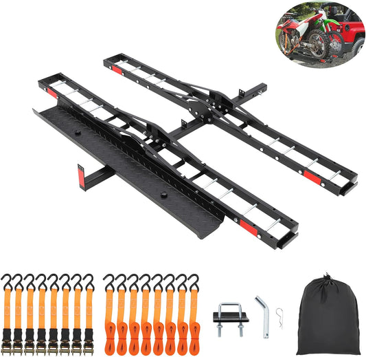 2 Motorcycle Carrier Hitch Mount,Steel Dirt Bike Hitch Hauler with Ramp,Ratchet Straps & Stabilizer,Motorcycle Carrier for E-Bikes,Mountain Bikes,(2 Motorcycle Hitch Carrier)