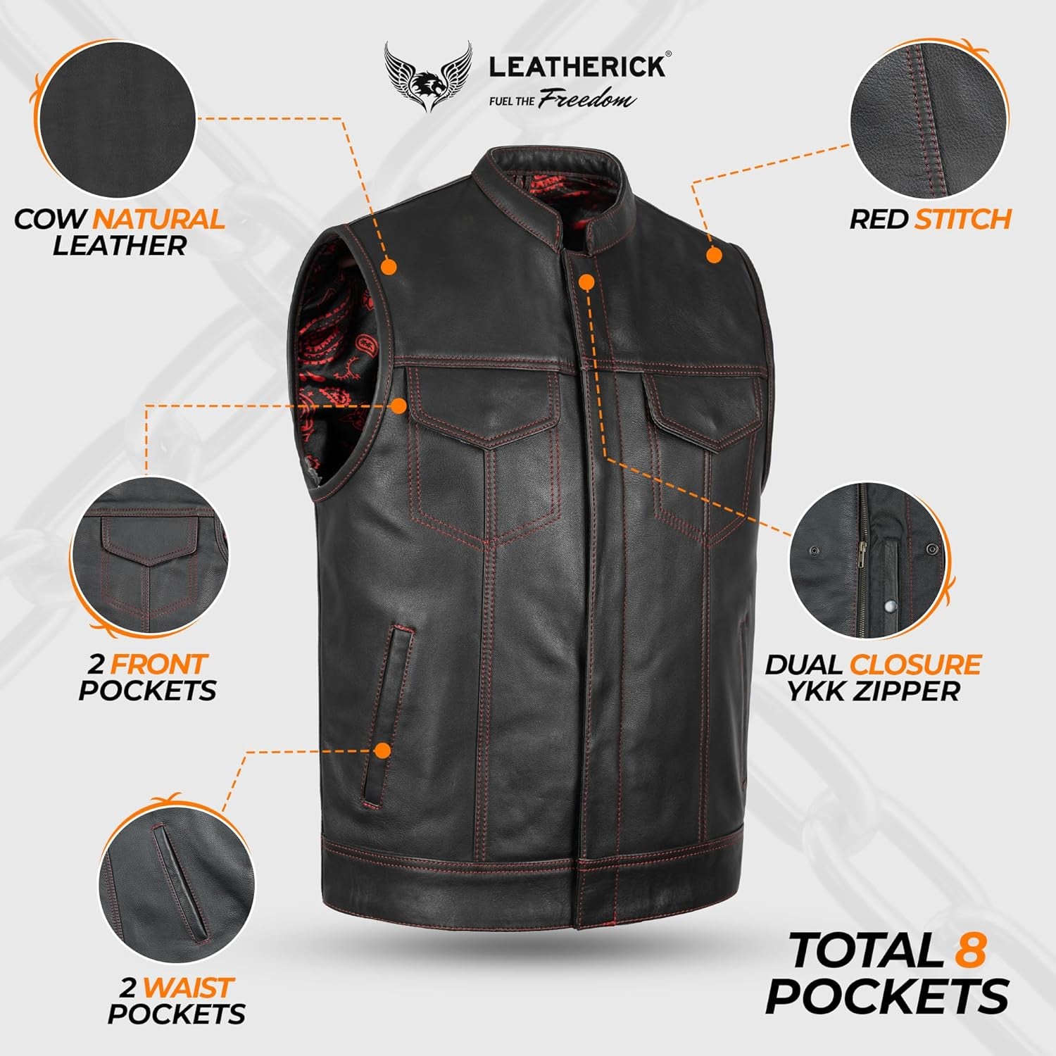 Mens Black Motorcycle Vests - Top Grain Cow Leather SOA Club & Traditional Paisley Satin Liner Leather Biker Vests