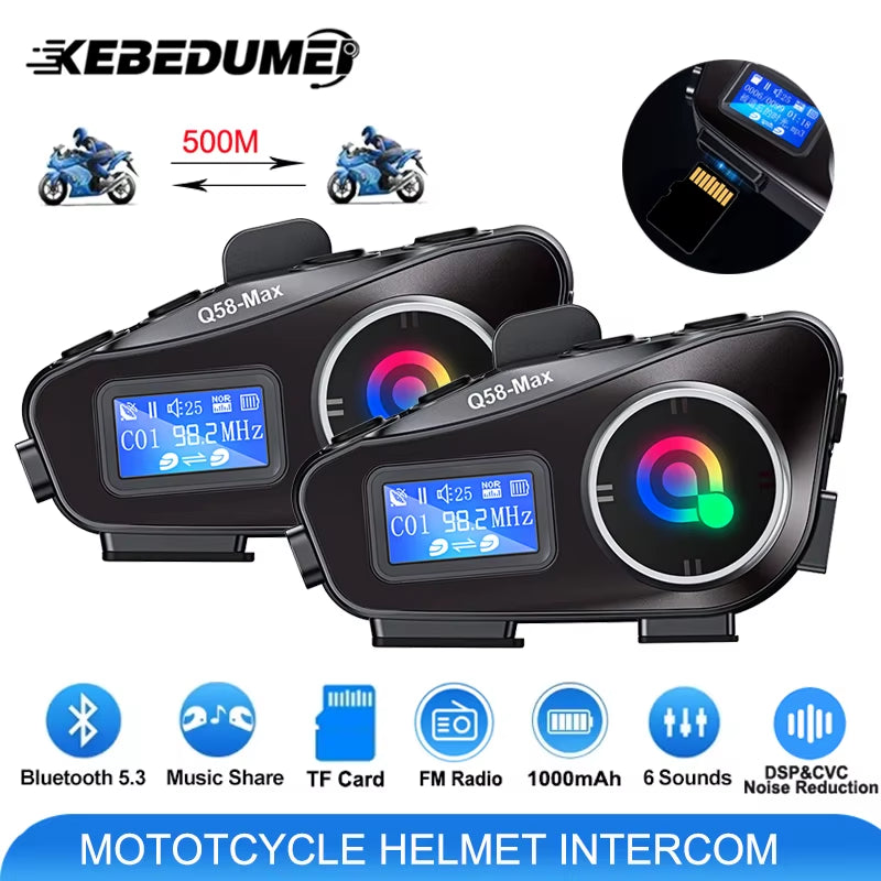 1/2Pcs Motorcycle Helmet Intercom for 2 Riders 500M Interphone Motorbike Communicator Music Share with Flashlight Headphone