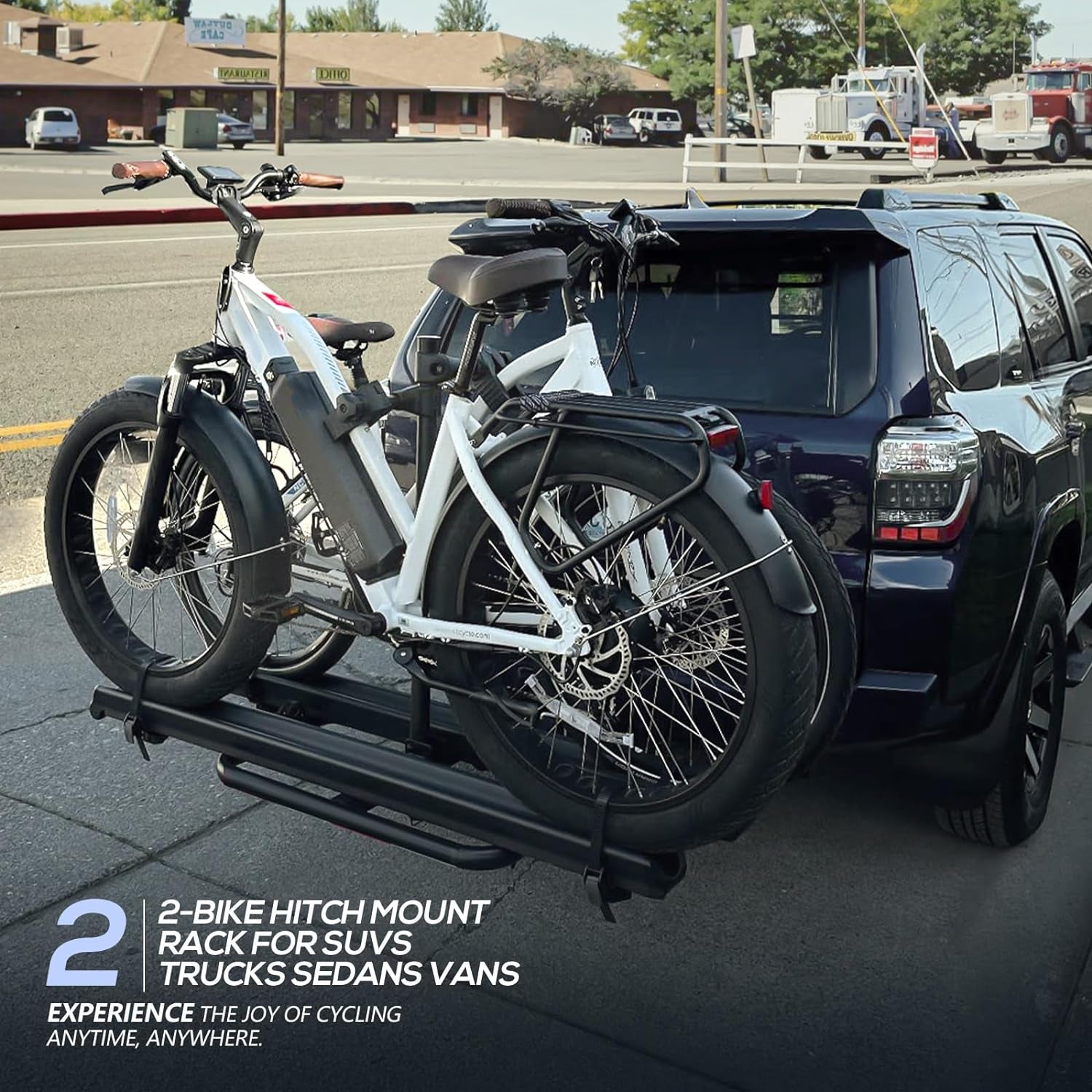 2 Ebike Rack with Ramp, 0.9-5" Fat Tire Bike Carrier, 200 LBS Capacity, Electric Bicycles Rack, Fits 2" Standard Hitch, Lockable & Foldable, Suvs Cars Trucks Vans
