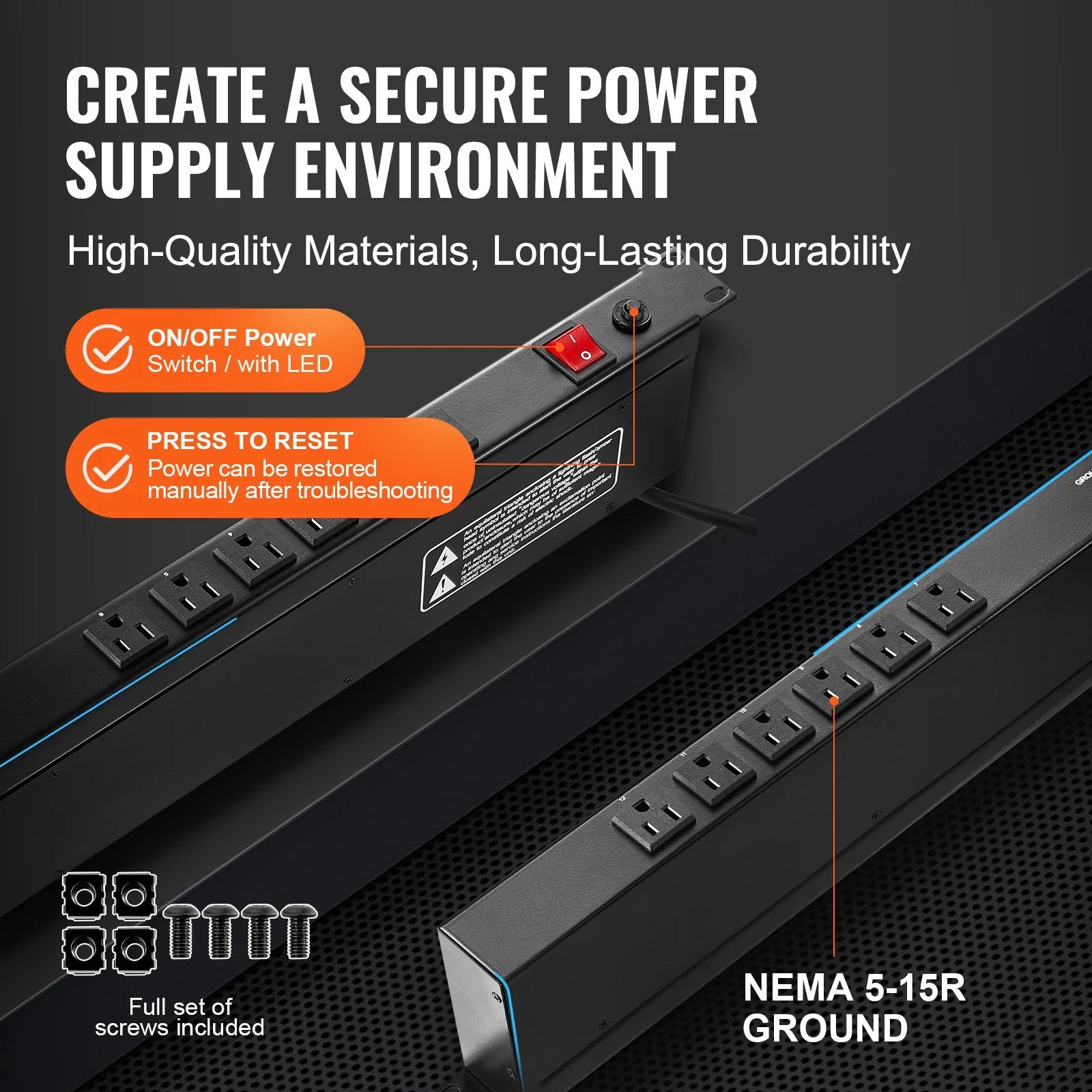 VEVOR 19 1U PDU 12 Outlets Rack Mount Power Strip Surge Overload Protection