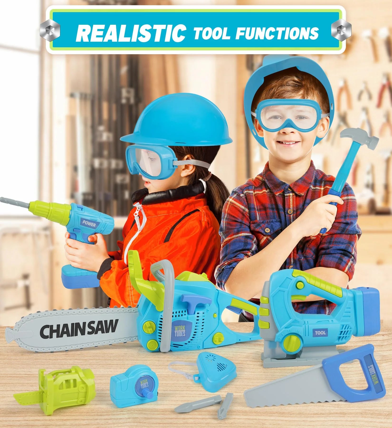 ENP Kids Tool Set, Electric Drill Chainsaw Tools Kit for Toddler, Tool Playset Kit for Boys Girls 3 4 5 6, Gift for Kids 3+, Blue