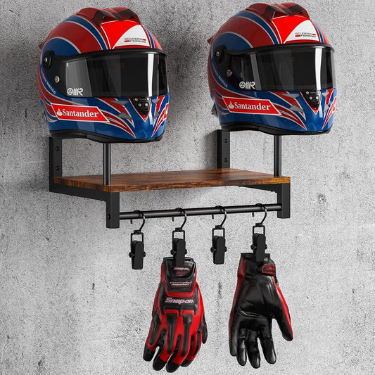 Motorcycle Helmet Holder Wall Mount, Motorcycle Accessories Display, Helmet Rack with 4 Glove Chips, Motorcycle Gear Storage for Men Women(Patent USD1104533S1)