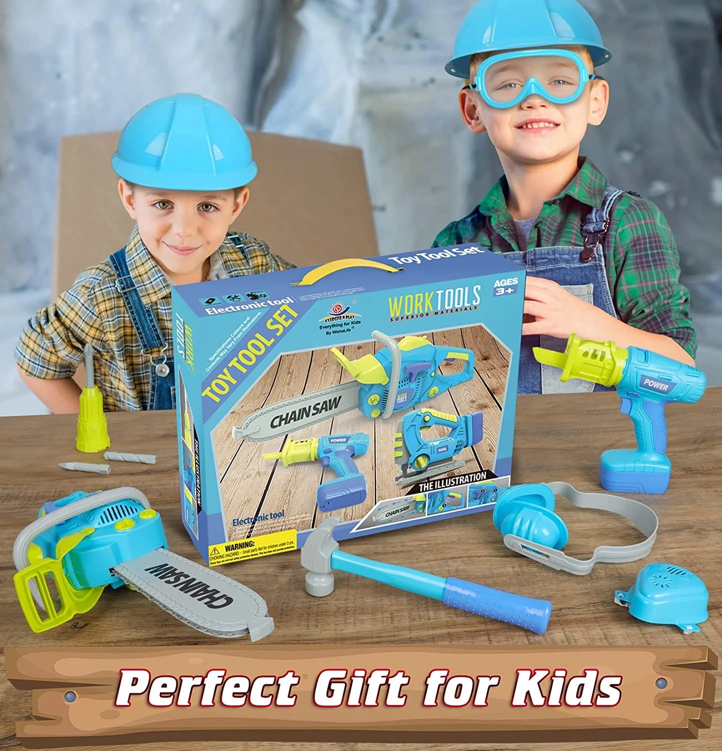ENP Kids Tool Set, Electric Drill Chainsaw Tools Kit for Toddler, Tool Playset Kit for Boys Girls 3 4 5 6, Gift for Kids 3+, Blue