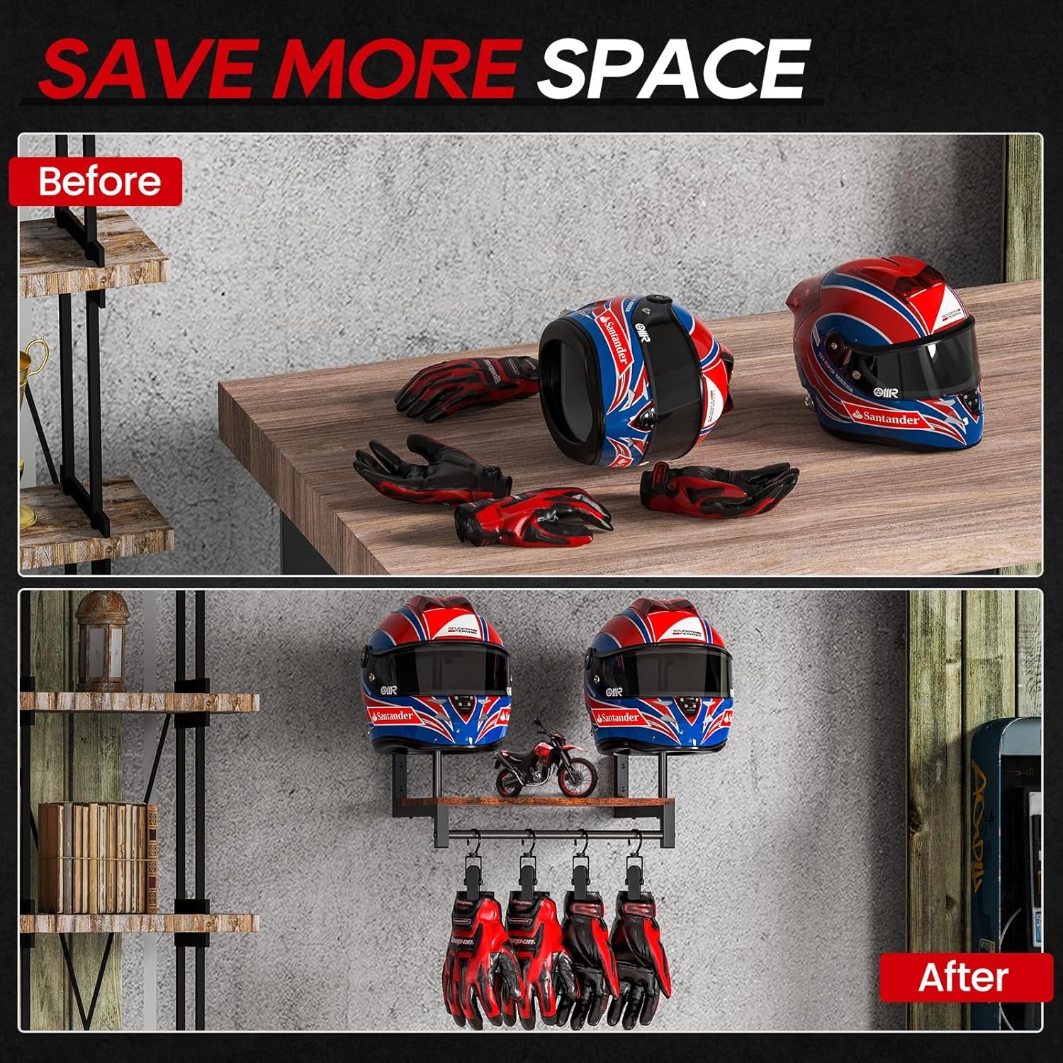 Motorcycle Helmet Holder Wall Mount, Motorcycle Accessories Display, Helmet Rack with 4 Glove Chips, Motorcycle Gear Storage for Men Women(Patent USD1104533S1)