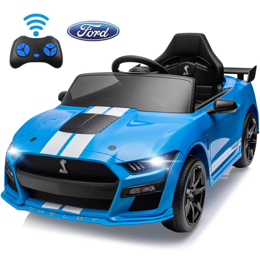12V Ride on Toy Cars for Kids, Ford Mustang Shelby Powered Ride on Car with Remote Control, Kids Electric Cars for Boys Girls 3-6 with Bluetooth, Music, LED Lights, 3 Speeds, 4 Wheelers, Blue
