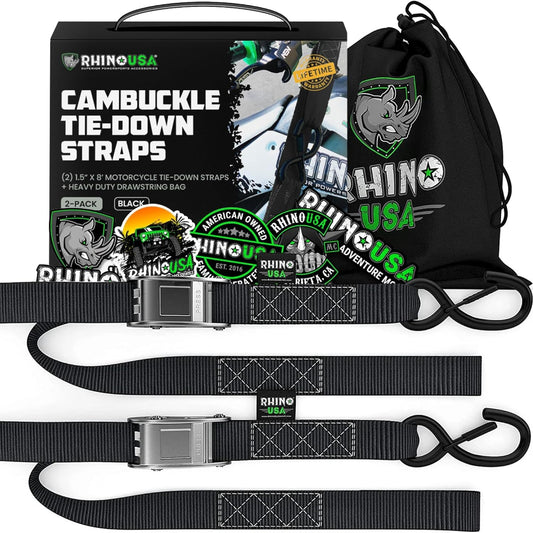 Motorcycle Tie down Straps (2 Pack) Lab Inspected 3,328Lb Break Strength, Steel Cambuckle Tiedown Set with Integrated Soft Loops - Better than a Ratchet Strap (Black 2-Pack)