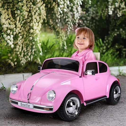 Licensed Volkswagen Beetle Electric Kids Ride-On Car 6V Battery Powered Toy with Remote Control Music Horn Lights MP3 for 3-6 Years Old Pink
